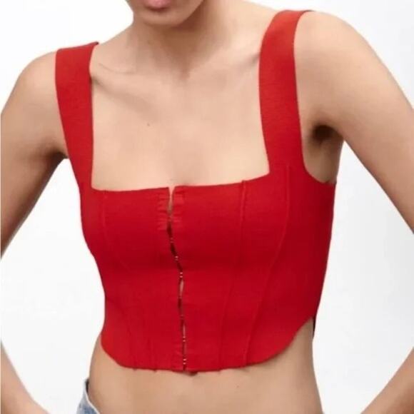 Zara Women's Red Square Neckline Sleeveless Corset Top Size Large - Picture 2 of 8
